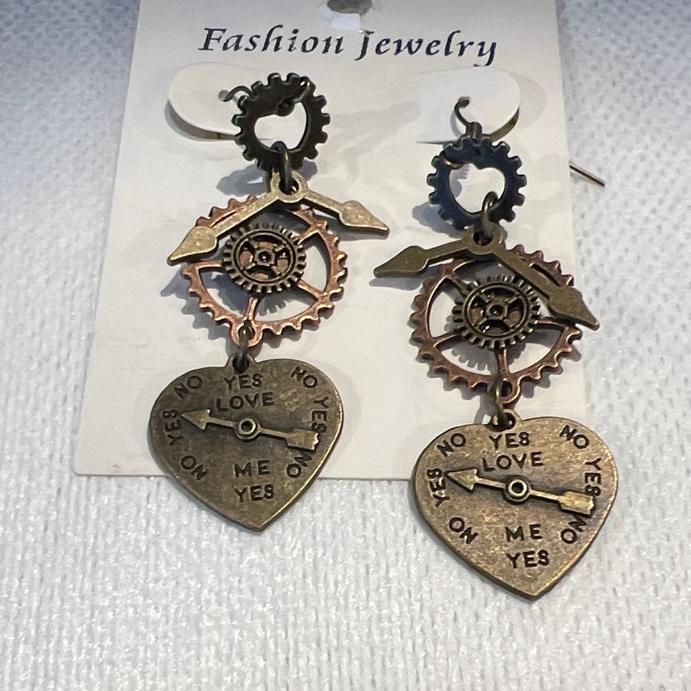 Vintage Gear Heart Dangle Earrings
